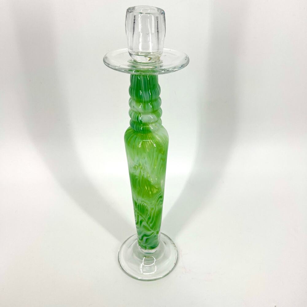 Vintage Hand Blown Art Glass Clear Green Swirl Tall 15" Candle Holder